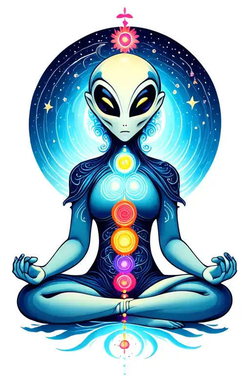 An Alien With Chakras Meditating On A Swirling Cluster Of Stars