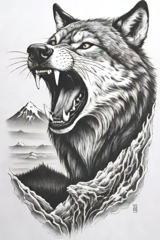 Growling Wolf Face And Realistic Rocky Mountains Inside