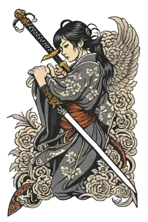 Woman With Wings Standing Sideways Holding Sword