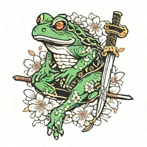 Japanese Frog With Sword And Cherry Blossom Behind It