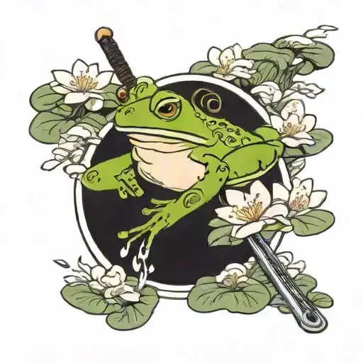Frog On Lilypad With A Sword And Cherry Blossom Tree