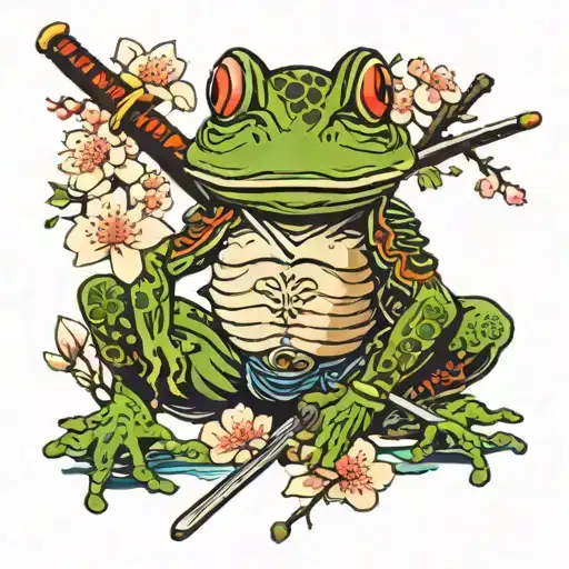 Samurai Frog With Sword And Cherry Blossom