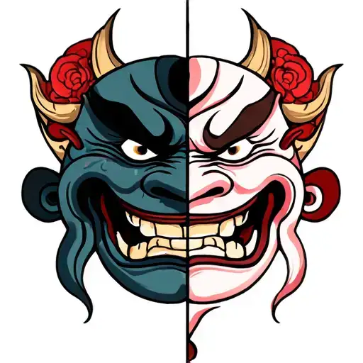 Oni Mask Split Where One Side Is Smiling And Crying
