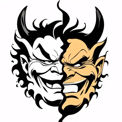 Oni Mask Split Where One Side Is Smiling And The Other Side Is Crying