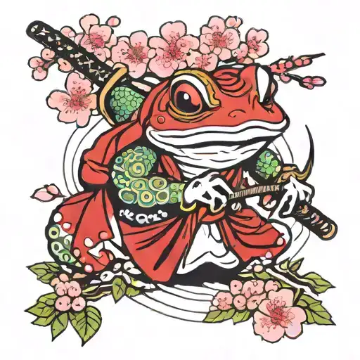 Samurai Frog With Sword And Cherry Blossom Tree