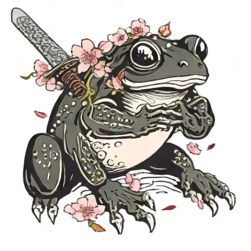 Frog With A Sword Surrounded By Falling Cherry Blossom Petals In The Snow
