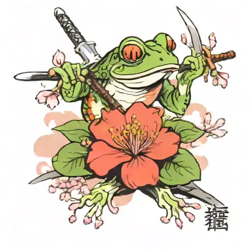 Frog With A Sword And Cherry Blossom Tree Behind