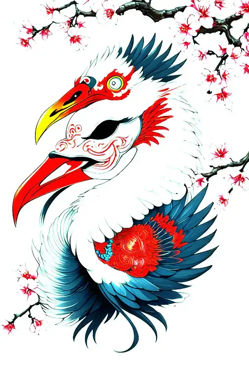 Crane And Oni Mask With Cherry Blossome In The Background