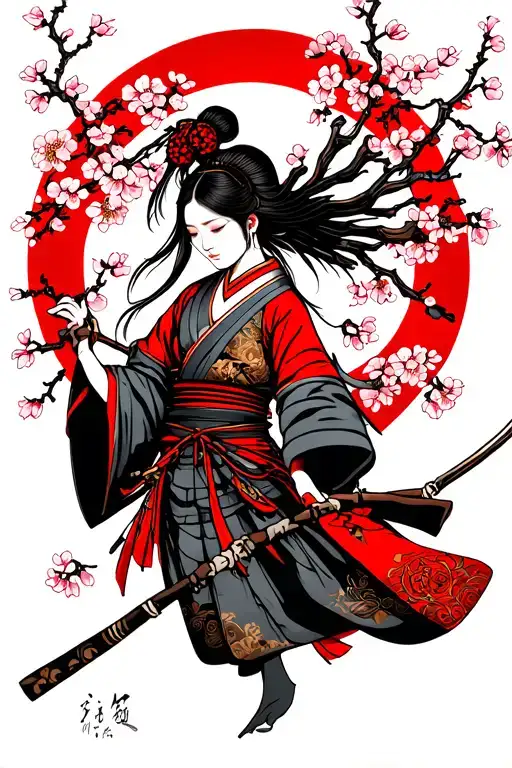 Woman Samurai On A Japanese Cherry Tree