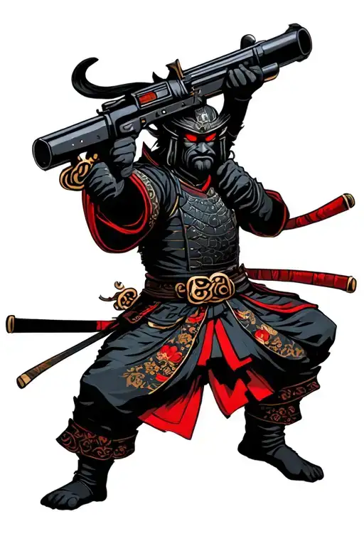 Dark Samurai With Red Eyes Wielding A Minigun