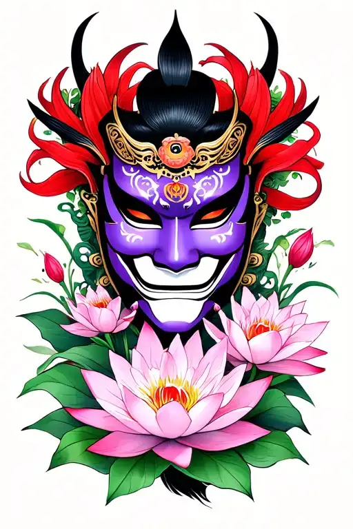 Purple Hannya Mask Surrounded By Red Spider Lilies And Pink Lotus Flowers