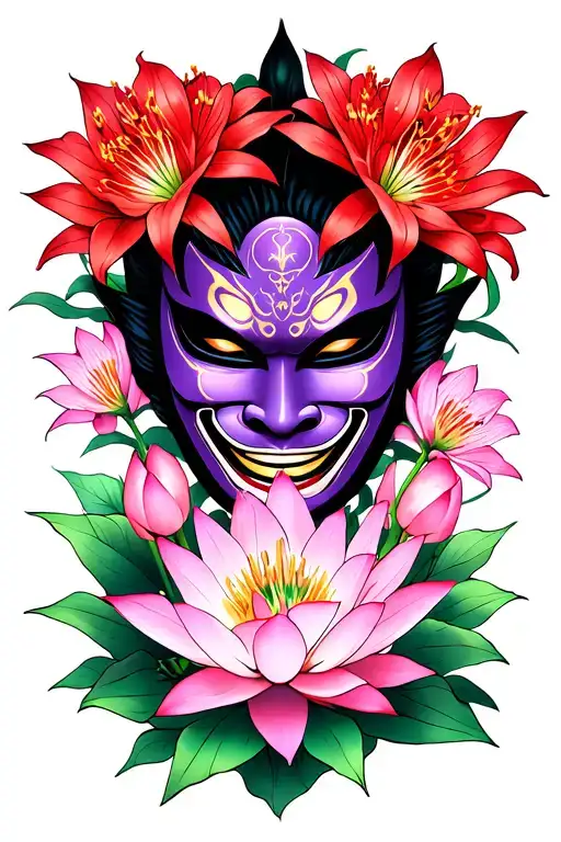 Purple Hannya Mask Surrounded By Red Spider Lilies And Pink Lotus Flowers