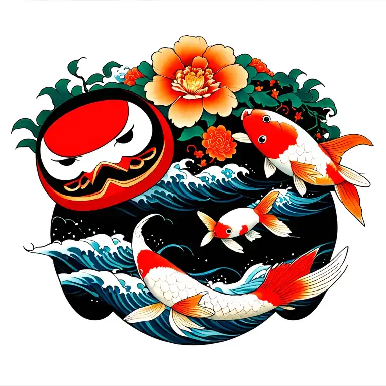 Kaizen With Daruma Doll And Koi Fish With Flowers And Waves In Color