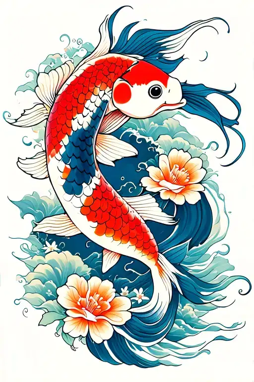 Kaizen Koi Fish With Flowers And Waves In Color Scheme