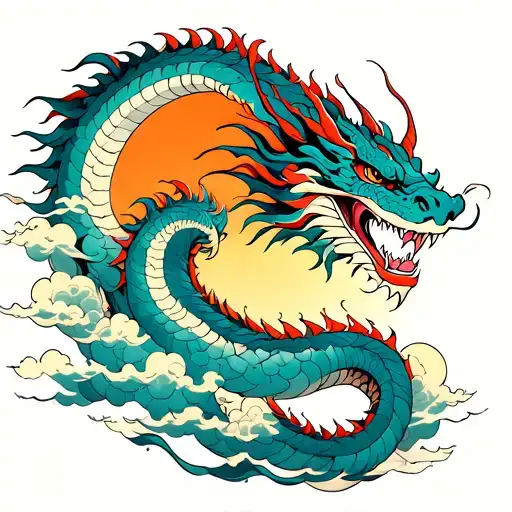 Dragon In The Sky With The Sun And Clouds Swirling