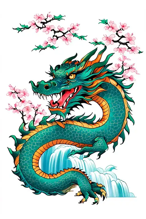 Traditional Full Color Dragon With Temple And Waterfall And Cherry Blossom