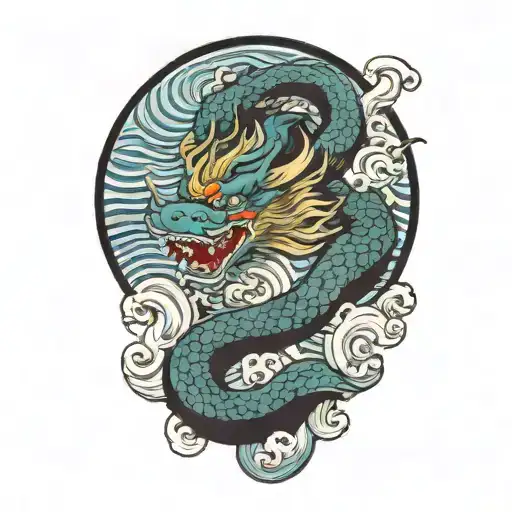 A Japanese Azure Dragon Flying With Wave Pattern Background