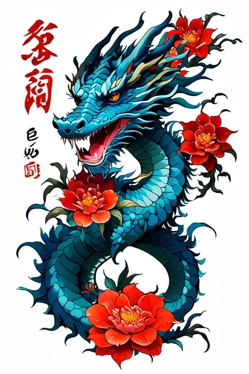 Full Back Blue Dragon With Red Flowers And A Scorpio Zodiac Sign