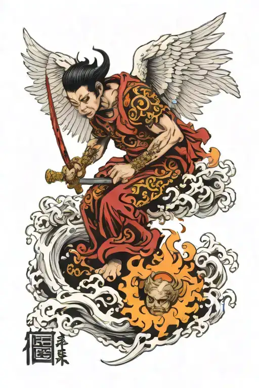 Angel Cutting The Head Off A Demon Rising From Hell