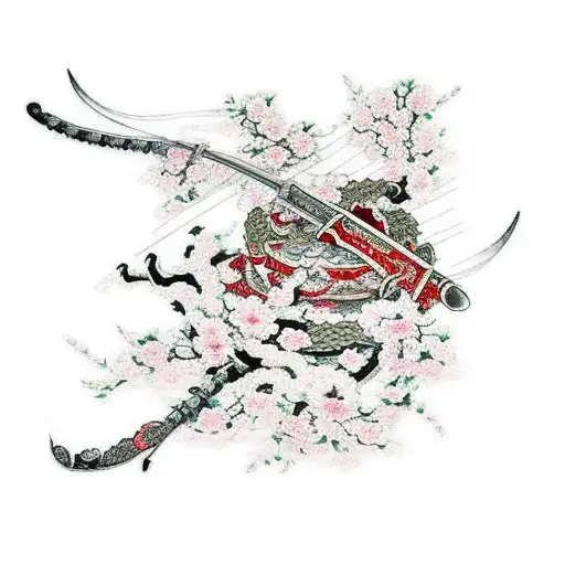 A Cherry Blossom Katana With An Intricate Red Thread Of Fate Intertwined In The Design