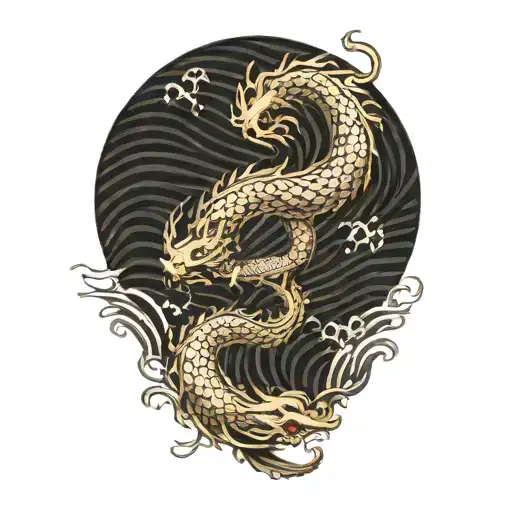 A Japanese Dragon Flying With Wave Pattern Background