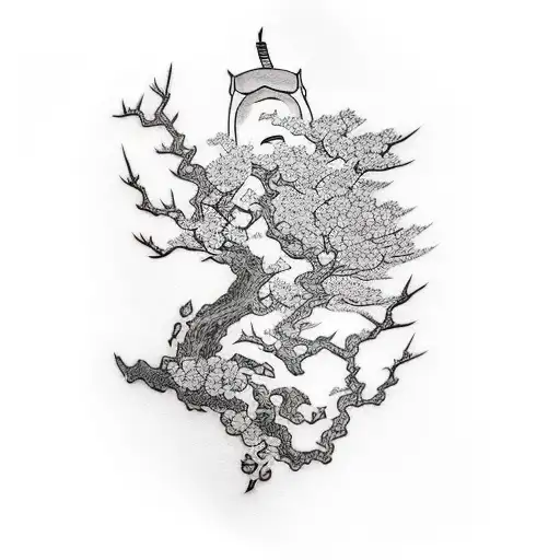 A Minimalist Tattoo Band Of A Samurai Reading A Book On A Cherry Blossom Tree