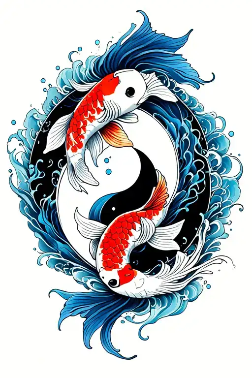Koi Fish Yin Yang With Water Waves