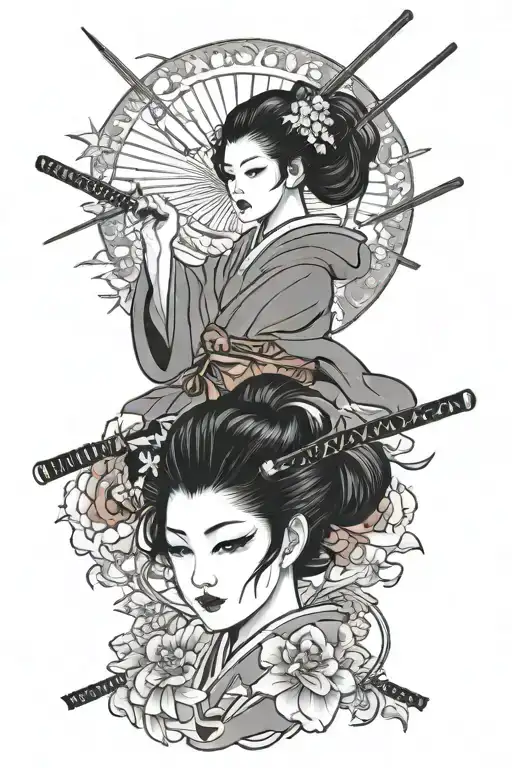 Geisha Holding Two Swords Crossed