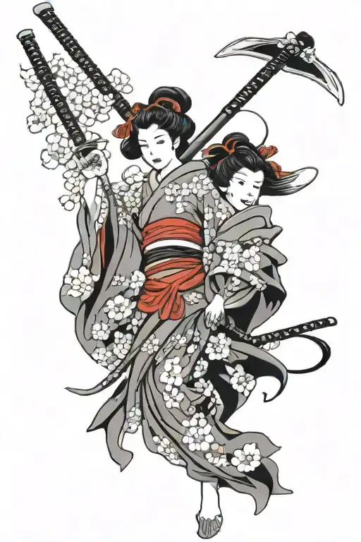 Geisha Holding Two Katana Sword Crossed Swords