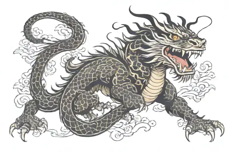 Black Japan Dragon Without Wings With Long Body Tiger