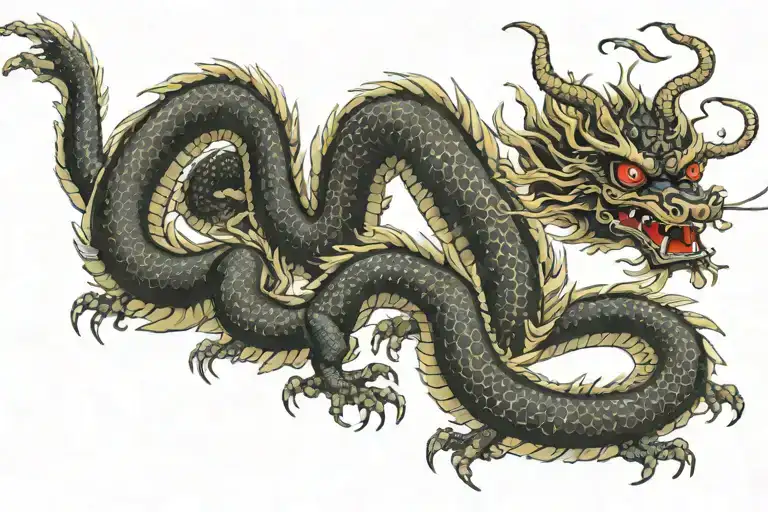 Black Japan Dragon With Long Body And Realistic Eyes Without Wings