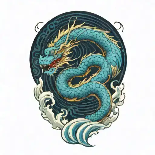 A Japanese Azure Dragon Flying With Wave Pattern Background