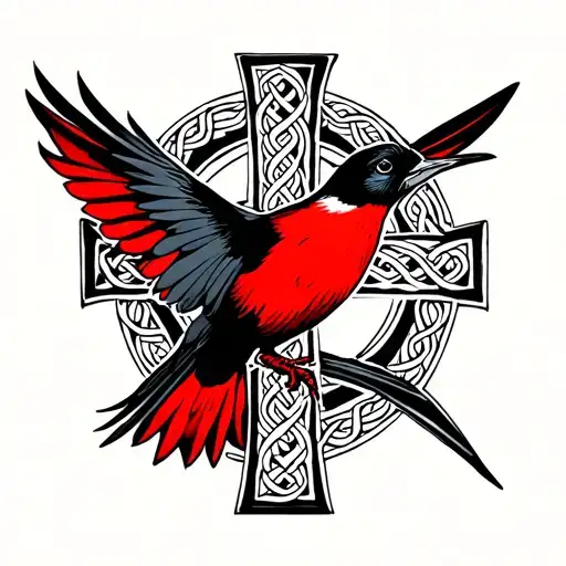 Black And Red Swallow Bird Flying On Celtic Cross