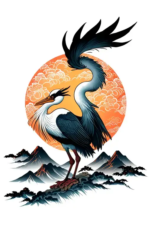 Crane Standing Proudly Mountains Panorama