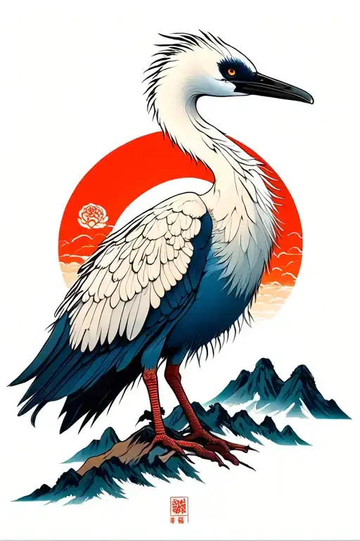Crane Standing Proudly Mountains Panorama