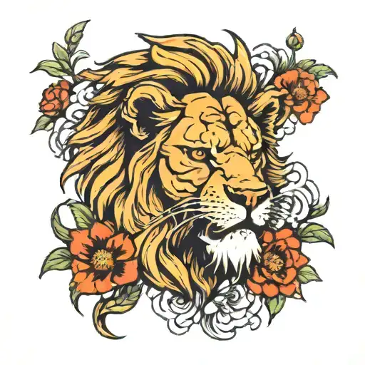 Lion Head With Poppy Flowers