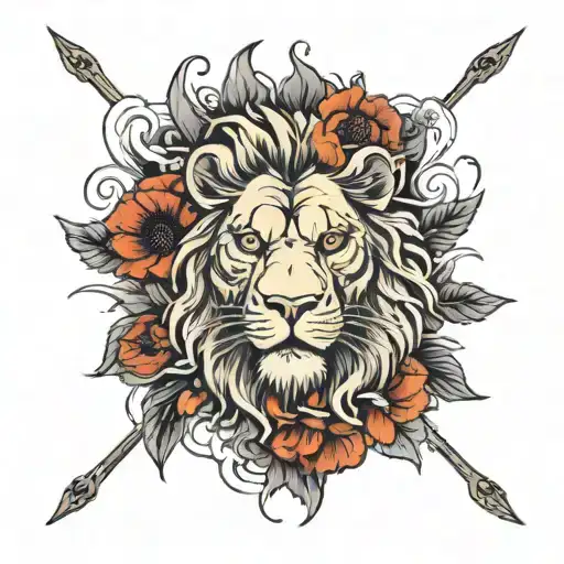 Lion Head With Poppy Flowers