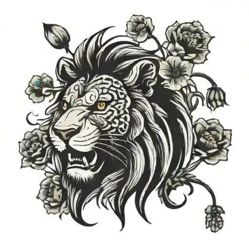 Lion Head With Poppy Flowers