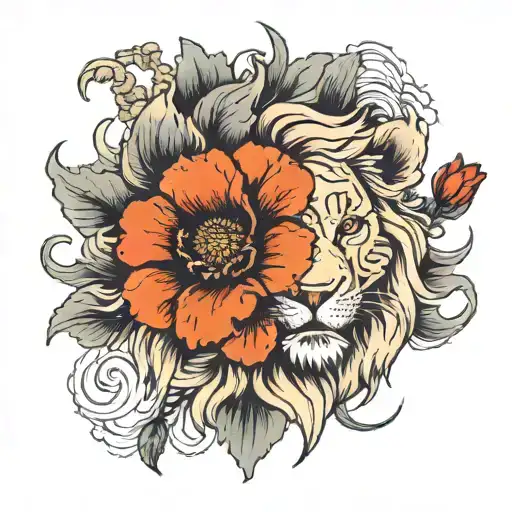 Lion Head With Poppy Flowers