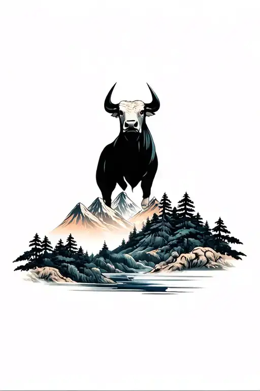 The Head Of The Bull Is On The Background Of The Taiga And Mountains And Rivers