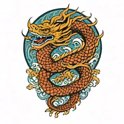 A Japanese Azure Dragon Flying With Wave Pattern Background