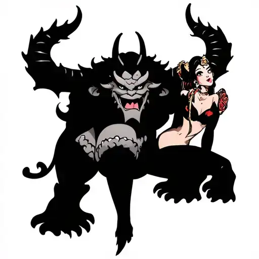 Oni Demon With Pin Up Girl Sitting On Its Tongue Holding Onto Its Horns