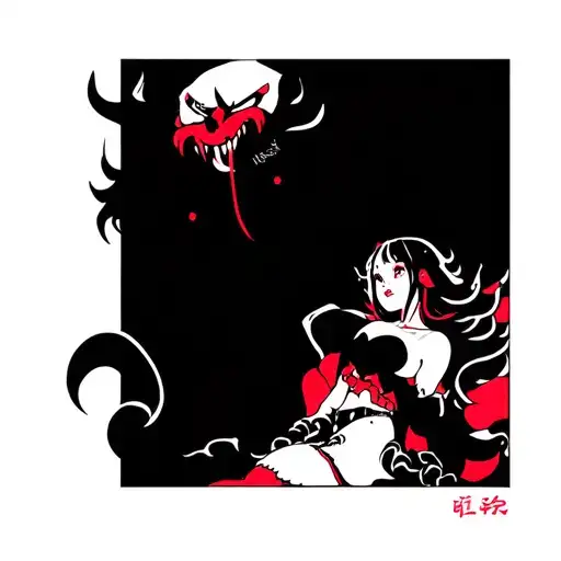 Oni Demon With Pin Up Girl Sitting On Its Tongue Stuck