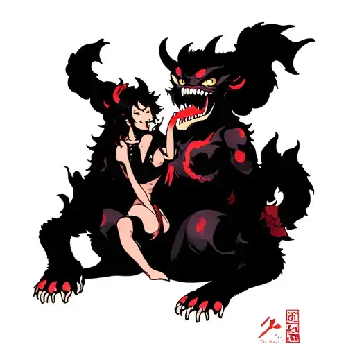 Oni Demon With Pin Up Girl Sitting On Its Tongue Coming