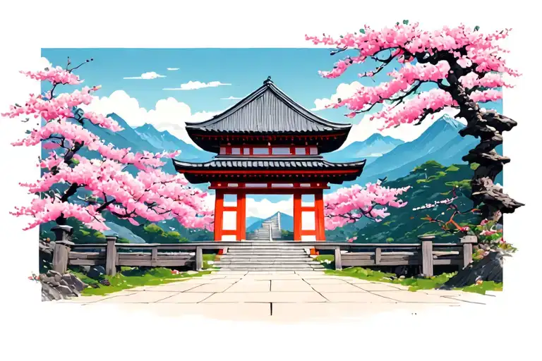 Japanese Building And Gate Up In The Mountains Framed With Cherry Blossoms