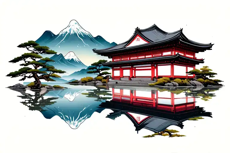 Japanese Building And Gate Up In The Mountains Reflected