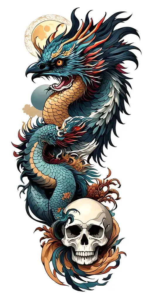 Chinese Dragon And Phoenix And Skull And Moon And Raven