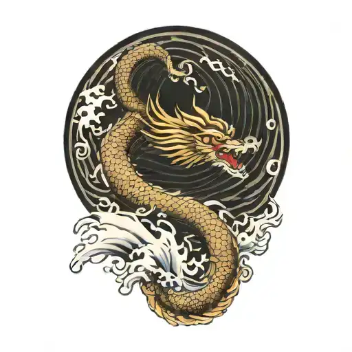 A Japanese Dragon Flying With Wave Pattern Background
