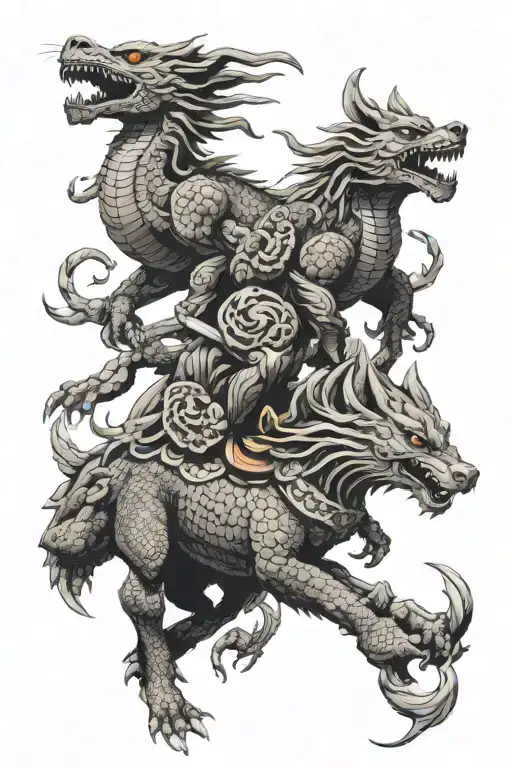 Khepri Surrounded By Chiense Dragon And Wolf