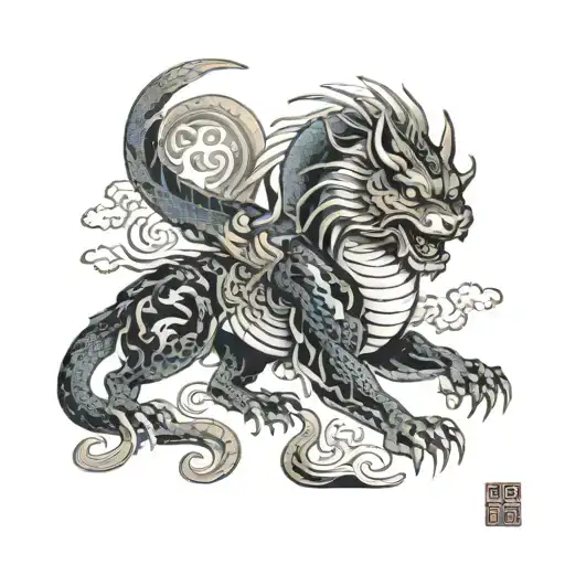 Khepri Surrounded By A Chinese Dragon And Wolf